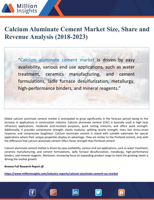 Calcium Aluminate Cement Market Size, Share and Revenue Analysis (2018-2023)