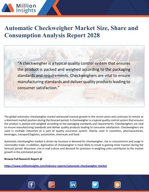 Automatic Checkweigher Market Size, Share and Consumption Analysis Report 2028