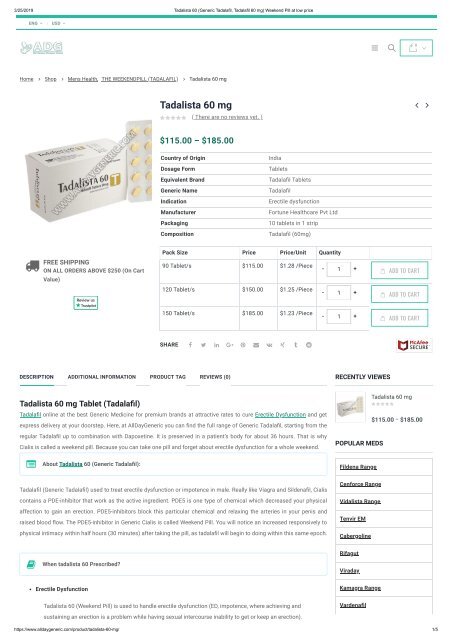 Tadalista 60 (Generic Tadalafil, Tadalafil 60 mg) Weekend Pill at low price