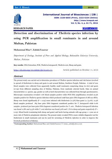 Detection and discrimination of Theileria species infection by using PCR amplification in small ruminants in and around Multan, Pakistan