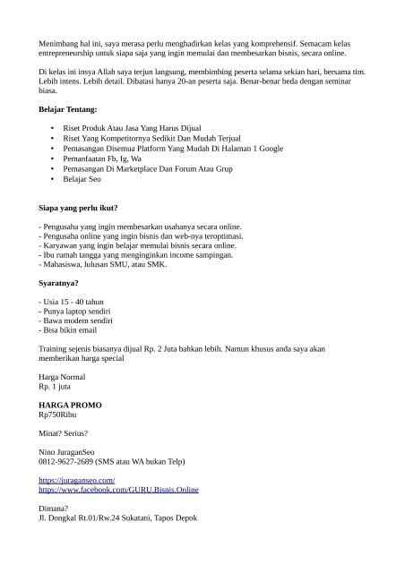 LANGKA!  WA +62 812-9627-2689, Belajar Bisnis Internet Untuk Pemula Depok JURAGANSEO