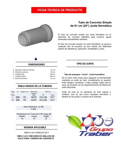 FICHA TECNICA TUBO DE CONCRETO SIMPLE DE 24 PULGADAS NORMA NMX-C-401 JUNTA  HERMETICA