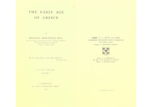 THE EARLY AGE OF GREECE VOL.I  by W.Ridgeway 1901