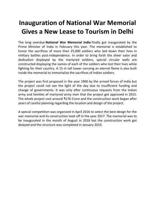 Inauguration of National War Memorial Gives a New Lease to Tourism in Delhi