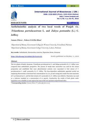 Anthelminthic analysis of two local weeds of Punjab viz. Trianthema portulacastrum L. and Zaleya pentandra (L.) C. Jeffrey