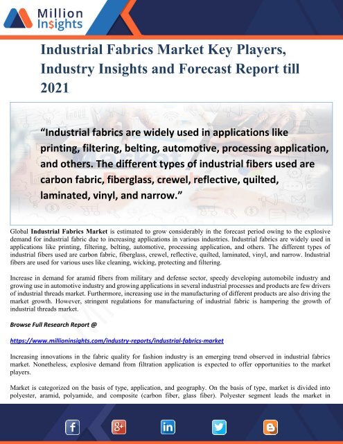 Industrial Fabrics Market Key Players, Industry Insights and Forecast Report till 2021