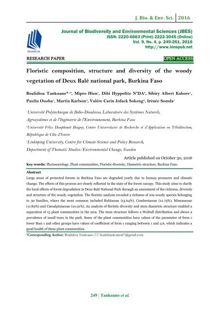 Floristic composition, structure and diversity of the woody vegetation of Deux Balé national park, Burkina Faso