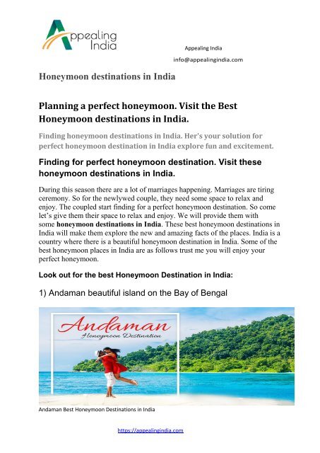 Planning a perfect honeymoon. Visit the Best Honeymoon destinations in India.