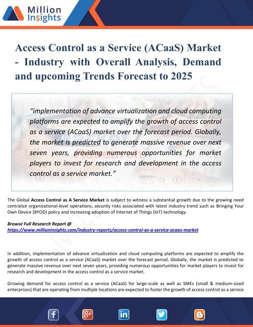 Access Control as a Service (ACaaS) Market Key Players, Industry Growth, Size, Share, Trends, Sales Forecast and Supply Demand to 2025