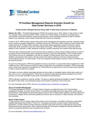 T5 Facilities Management Reports Dramatic Growth for Data Center Services in 2018