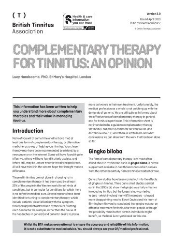 Complementary therapy for tinnitus an opinion Ver 2.0