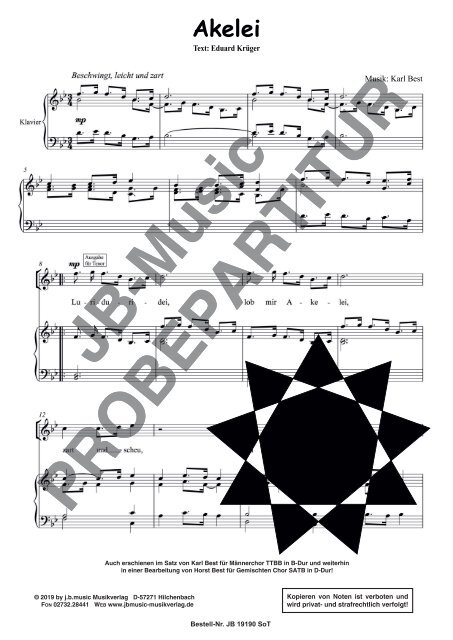 Akelei  (für Tenor-Solostimme/Klavier, für Männerchor TTBB und für Gemischten Chor SATB)