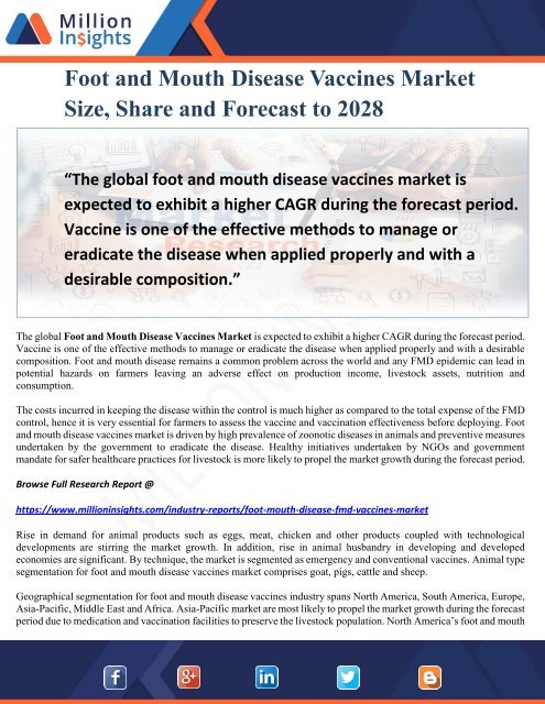 Foot and Mouth Disease Vaccines Market Size, Share and Forecast to 2028