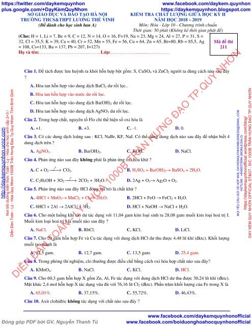 KIỂM TRA CHẤT LƯỢNG GIỮA HỌC KỲ 2 MÔN HÓA - LỚP 10 - CHƯƠNG TRÌNH CHUẨN NĂM HỌC 2018 2019 CÓ ĐÁP ÁN TRƯỜNG THCS&THPT LƯƠNG THẾ VINH