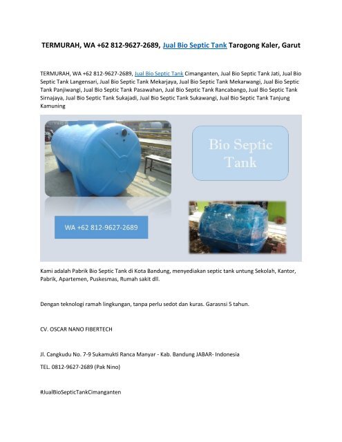 TERMURAH, WA +62 812-9627-2689, Jual Bio Septic Tank Tarogong Kaler, Garut