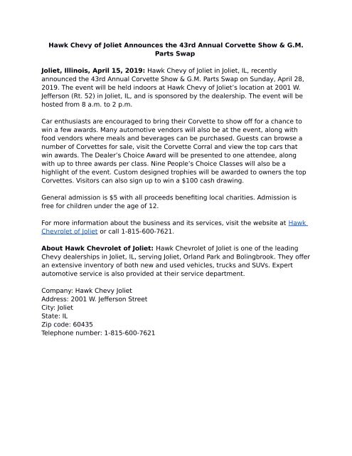 Hawk Chevy Of Joliet Announces The 43rd Annual Corvette Show G M Parts Swap