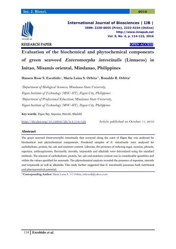 Evaluation of the biochemical and phytochemical components of green seaweed Enteromorpha intestinalis (Linnaeus) in Initao, Misamis oriental, Mindanao, Philippines