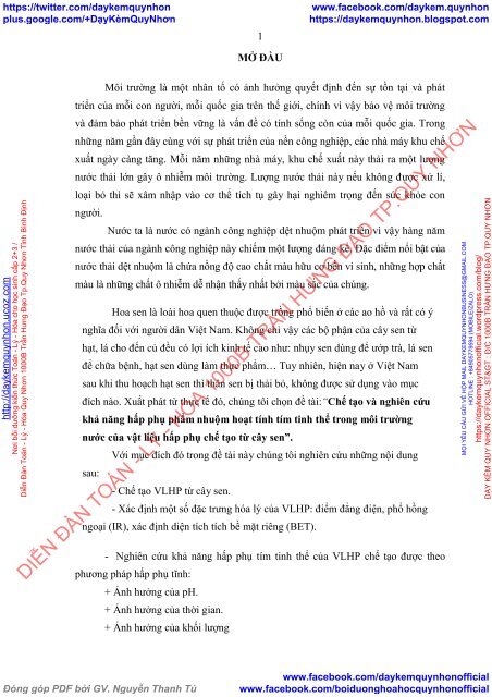 Chế tạo và nghiên cứu khả năng hấp phụ phẩm nhuộm hoạt tính tím tinh thể trong môi trường nước của vật liệu hấp phụ chế tạo từ cây sen