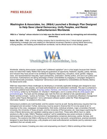 Washington & Associates, Inc. (W&A) Launched a Strategic Plan Designed to Help Save Liberal Democracy, Unify Peoples, and Resist Authoritarianism Worldwide