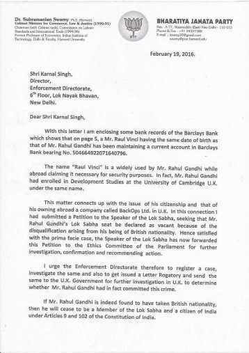 Subramanian Swamy's letter to ED on Rahul Gandhi's London Bank Account