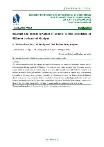Seasonal and annual variation of aquatic beetles abundance in different wetlands of Manipur