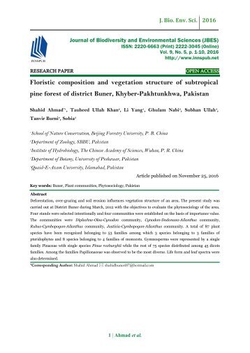 Floristic composition and vegetation structure of subtropical pine forest of district Buner, Khyber-Pakhtunkhwa, Pakistan