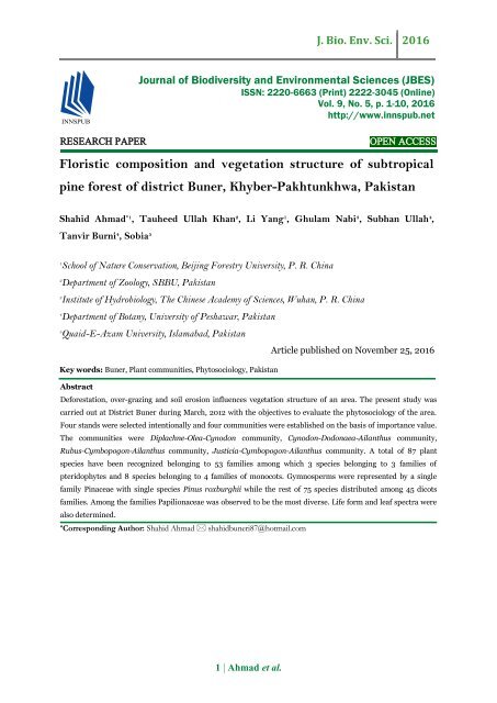 Floristic composition and vegetation structure of subtropical pine forest of district Buner, Khyber-Pakhtunkhwa, Pakistan
