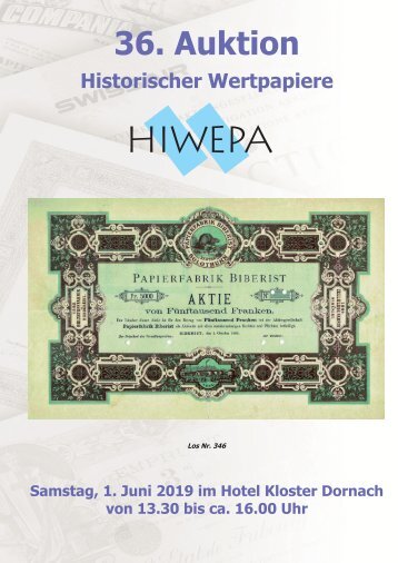 Hiwepa Auktion 36 - Historische Wertpapiere - Shares and Bonds