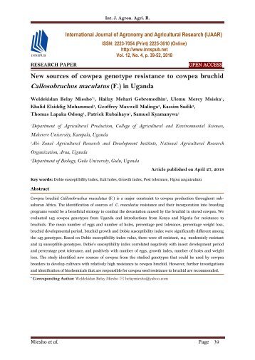 New sources of cowpea genotype resistance to cowpea bruchid Callosobruchus maculatus (F.) in Uganda