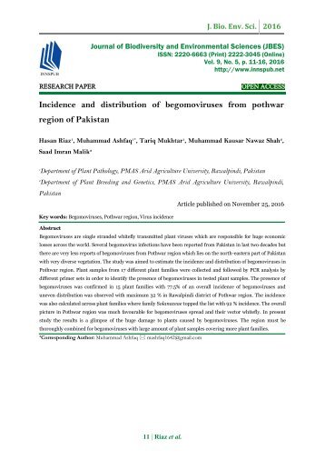 Incidence and distribution of begomoviruses from pothwar region of Pakistan