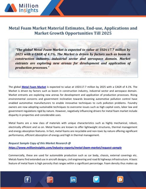 Metal Foam Market Material Estimates, End-use, Applications and Market Growth Opportunities Till 2025