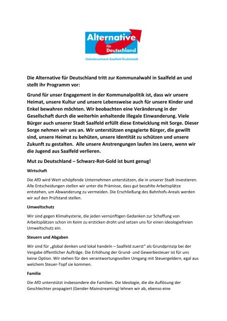 AfD Wahlprogramm Stadt Saalfeld