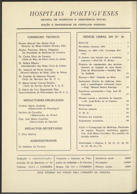 Hospitais Portugueses ANO VI n.º 36 dezembro 1954