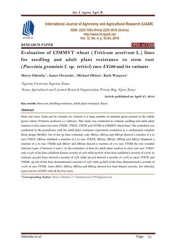 Evaluation of CIMMYT wheat (Triticum aestivum L.) lines for seedling and adult plant resistance to stem rust (Puccinia graminis f. sp. tritici ) race UG99 and its variants