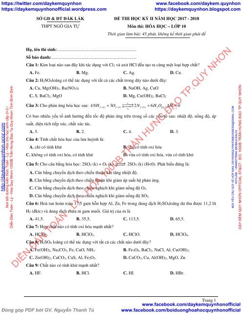 BỘ ĐỀ HỌC KỲ MÔN HÓA HỌC LỚP 10 NĂM 2017 2018