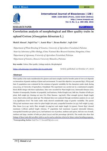 Correlation analysis of morphological and fiber quality traits in upland Cotton (Gossypium hirsutum L.)