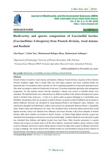 Biodiversity and species composition of Coccinellid beetles (Coccinellidae: Coleoptera) from Poonch division, Azad Jammu and Kashmir