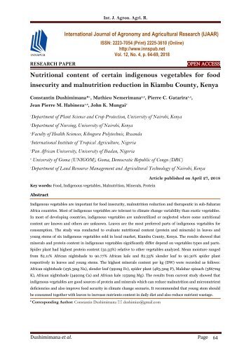 Nutritional content of certain indigenous vegetables for food insecurity and malnutrition reduction in Kiambu County, Kenya