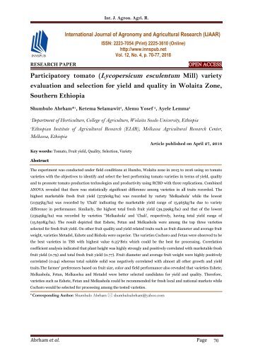 Participatory tomato (Lycopersicum esculentum Mill) variety evaluation and selection for yield and quality in Wolaita Zone, Southern Ethiopia