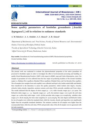 Some quality parameters of kordofan groundnuts (Arachis hypogaea L.) oil in relation to sudanese standards