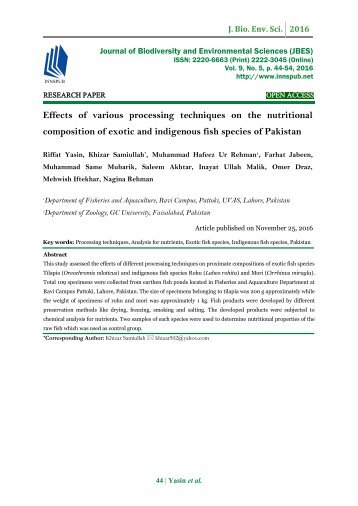 Effects of various processing techniques on the nutritional composition of exotic and indigenous fish species of Pakistan