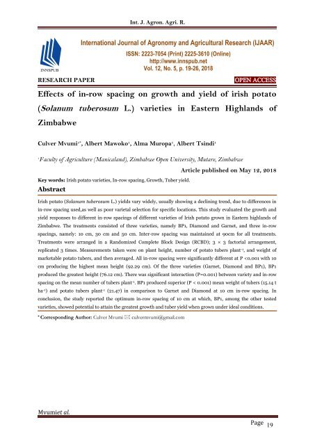 Effects of in-row spacing on growth and yield of irish potato (Solanum tuberosum L.) varieties in Eastern Highlands of Zimbabwe