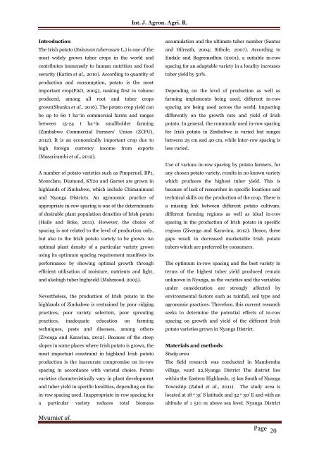 Effects of in-row spacing on growth and yield of irish potato (Solanum tuberosum L.) varieties in Eastern Highlands of Zimbabwe