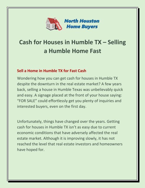 Cash For Houses in Humble TX – Selling a Humble Home Fast