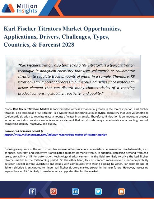 Karl Fischer Titrators Market - Industry with Overall Analysis, Demand and upcoming Trends Forecast to 2028
