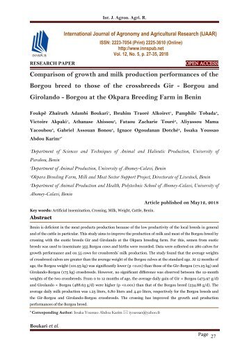 Comparison of growth and milk production performances of the Borgou breed to those of the crossbreeds Gir - Borgou and Girolando - Borgou at the Okpara Breeding Farm in Benin