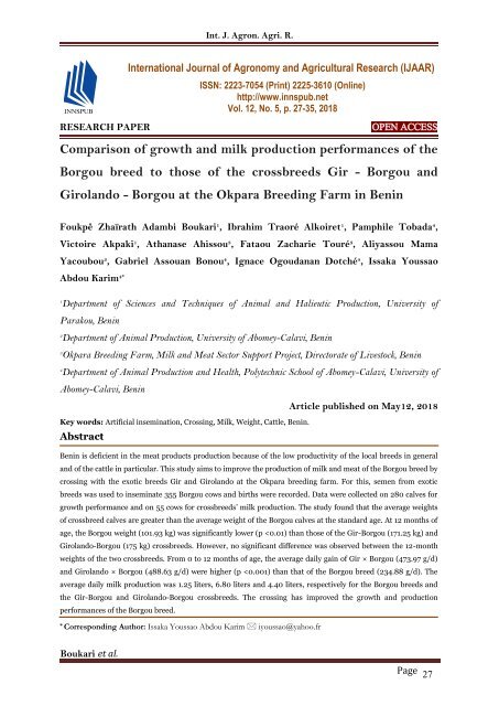 Comparison of growth and milk production performances of the Borgou breed to those of the crossbreeds Gir - Borgou and Girolando - Borgou at the Okpara Breeding Farm in Benin