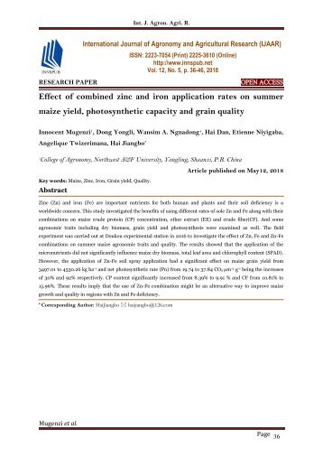 Effect of combined zinc and iron application rates on summer maize yield, photosynthetic capacity and grain quality