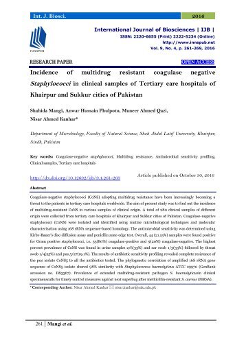 Incidence of multidrug resistant coagulase negative Staphylococci in clinical samples of Tertiary care hospitals of Khairpur and Sukkur cities of Pakistan