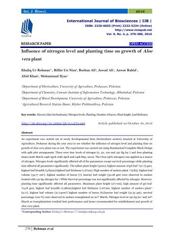 Influence of nitrogen level and planting time on growth of Aloe vera plant